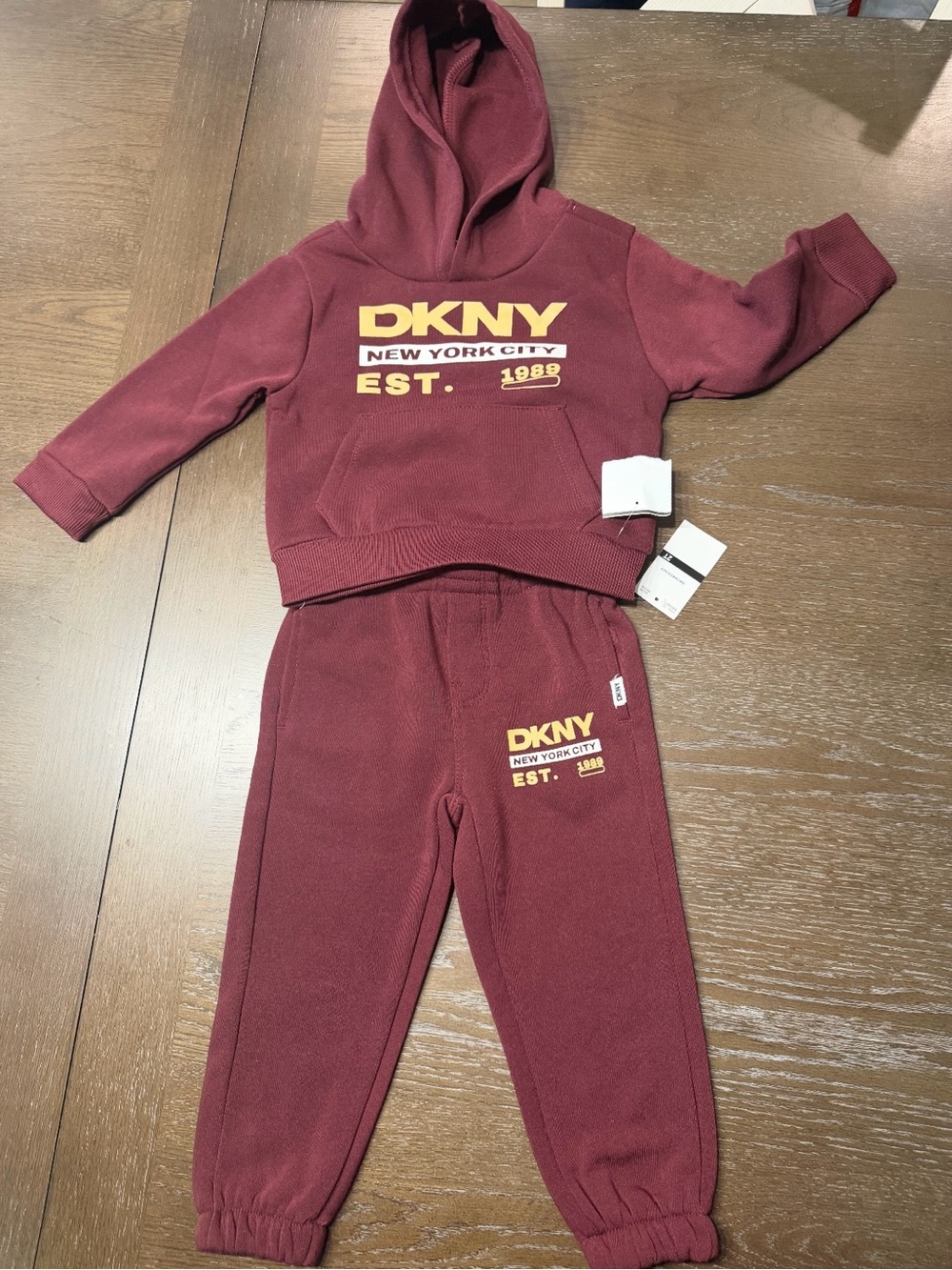 NWT DKNY Toddler Jogger Set 2T Burgundy Hoodie Sweatpants Outfit